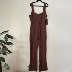 Brown Spandex Jumpsuit with Wide Straps and Bell Bottoms
